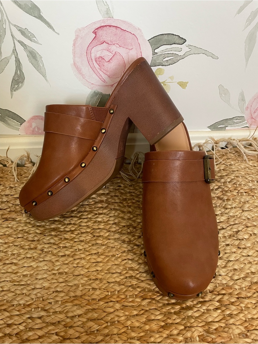 Brown Clog Mule Slip On Shoes Buckle Detail Size 10
